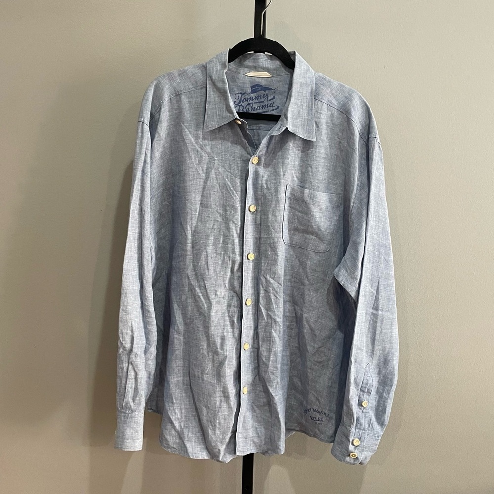 Tommy Bahama Relaxed Fit 100% Linen Blue Button Up Shirt Size XL